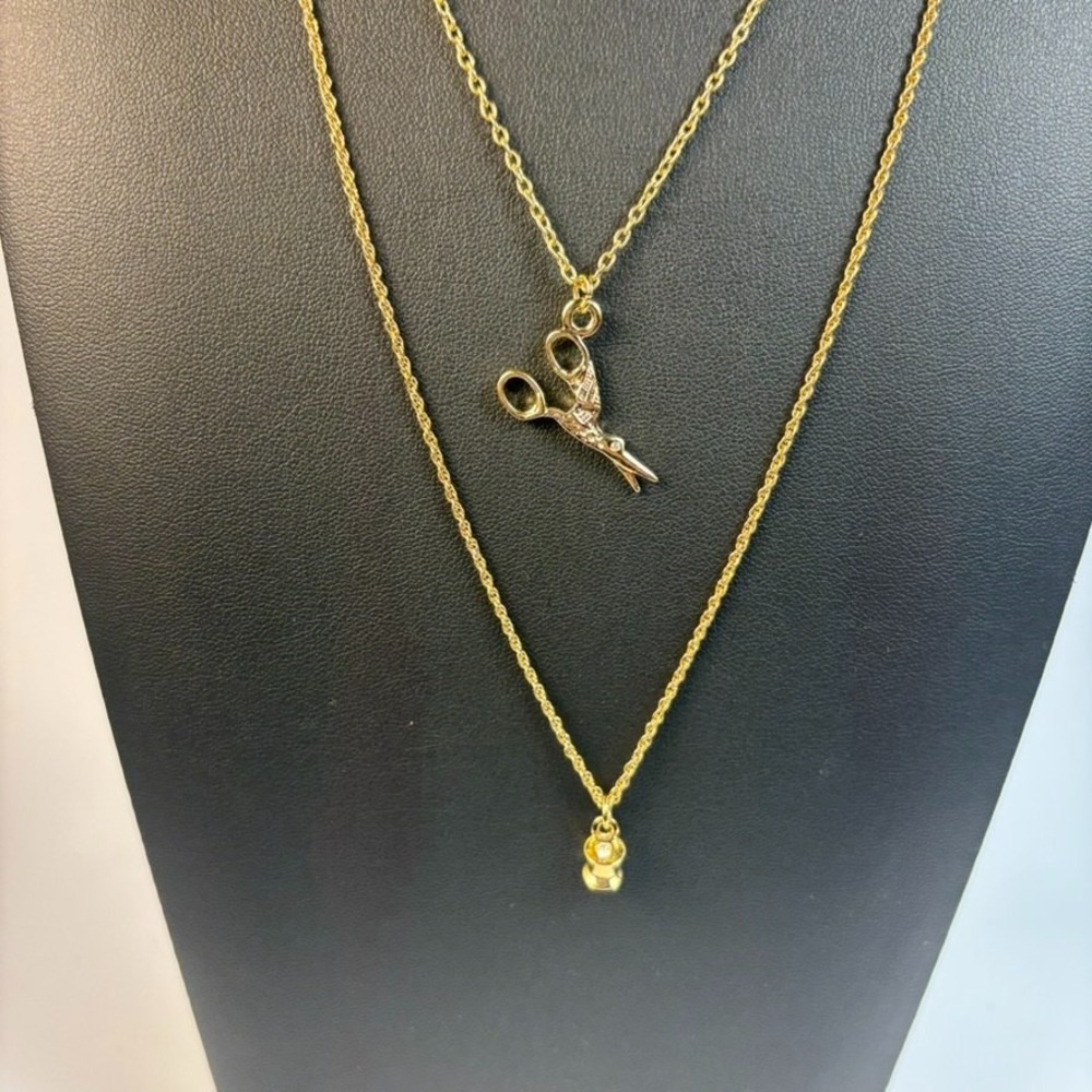 Pendant Necklace Gold Tone Rhinestone Delicate Sewing Scissors Thread Charms‎